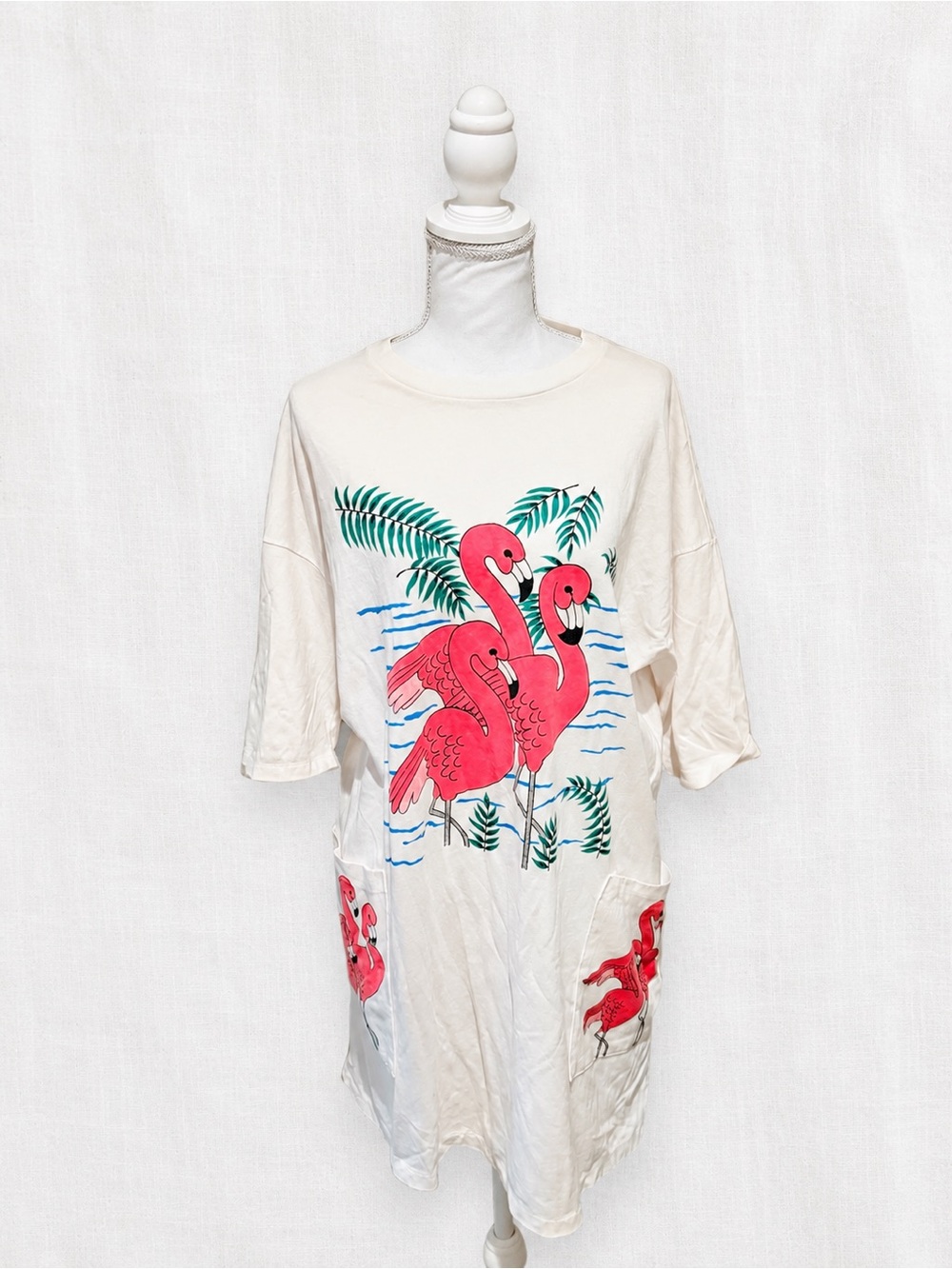Vintage Style Pink Flamingo Nightgown Tropical Pocket Sleep Shirt L
